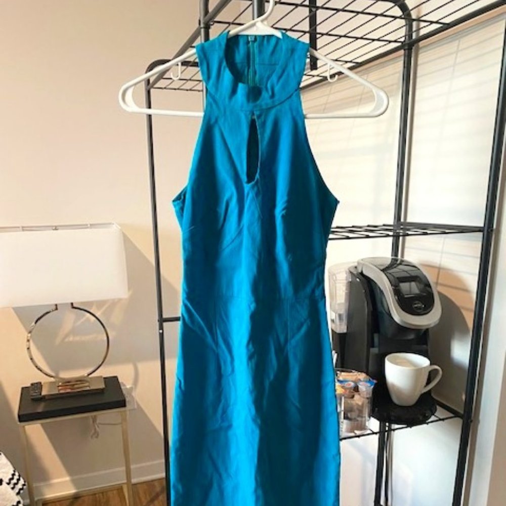Vesper High-Neck Form Fitting Midi Dress in Turquoise Blue
